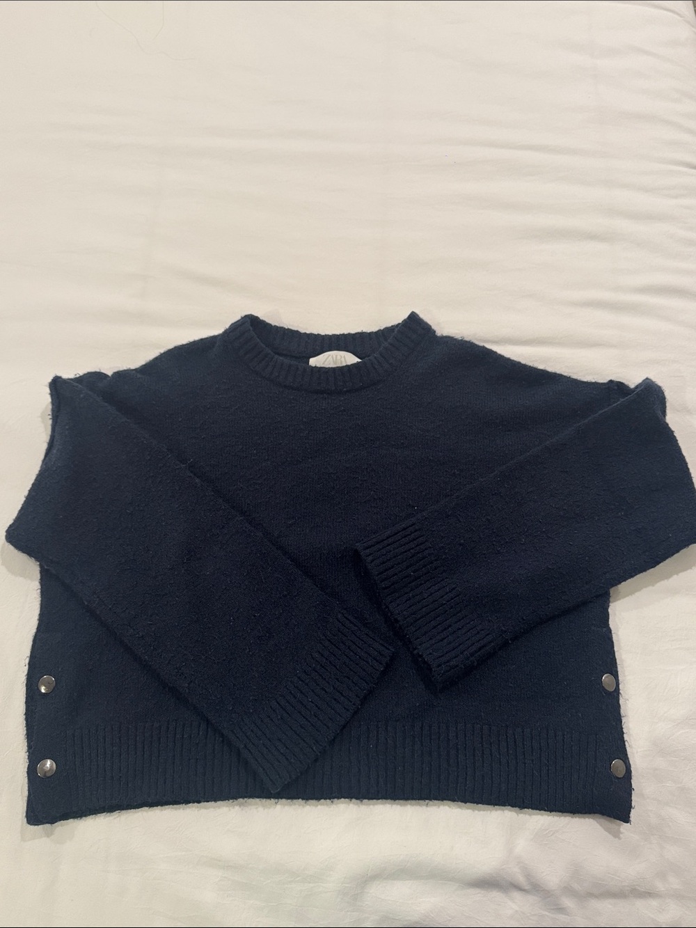 Zara Navy Crewneck Sweater with Side Snap Buttons